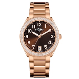 Rotary Women's Brilliance Stone Set Brown Dial & Rose Tone Stainless Steel Bracelet Watch