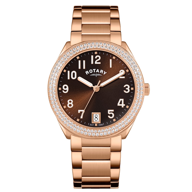 Main Image 1 of Rotary Women's Brilliance Stone Set Brown Dial & Rose Tone Stainless Steel Bracelet Watch
