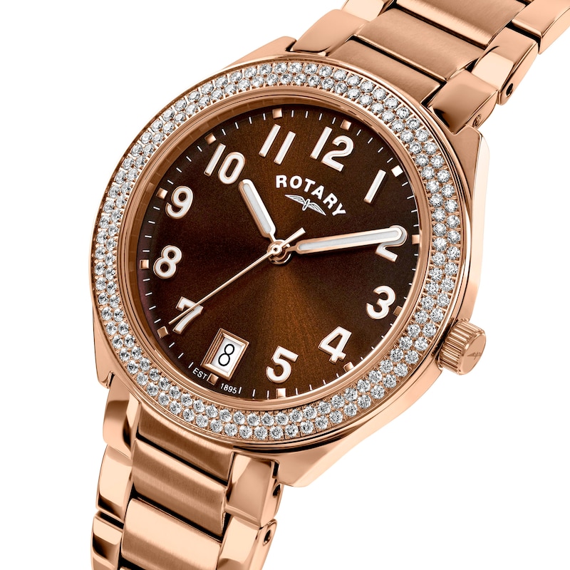 Main Image 2 of Rotary Women's Brilliance Stone Set Brown Dial & Rose Tone Stainless Steel Bracelet Watch