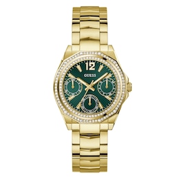 Guess Women's Crystal Green Dial Gold Tone Bracelet Watch