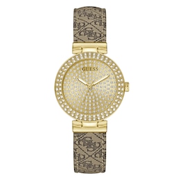 Guess Women's Crystal Champagne Glitz Dial Beige Leather Strap Watch