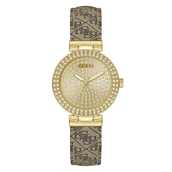 Guess Women's Crystal Champagne Glitz Dial Beige Leather Strap Watch