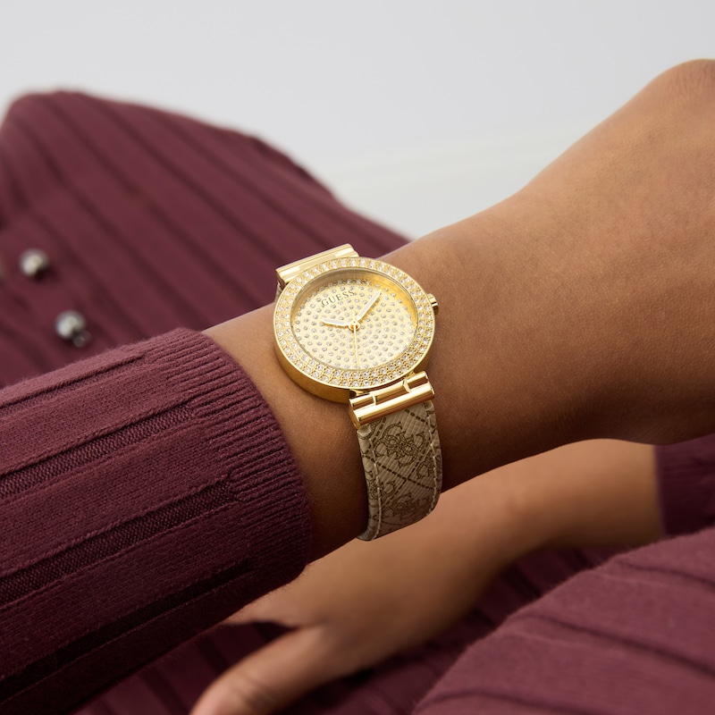 Main Image 3 of Guess Women's Crystal Champagne Glitz Dial Beige Leather Strap Watch