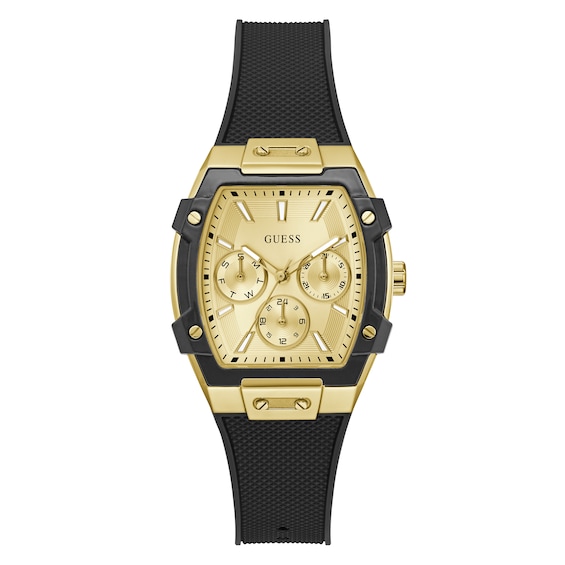 Guess Women's Champagne Multifunction Dial Black Silicone Strap Watch