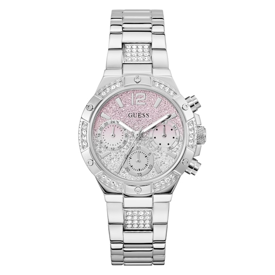 Guess Women's Crystal Pink Ombre Glitz Dial Silver Tone Bracelet Watch