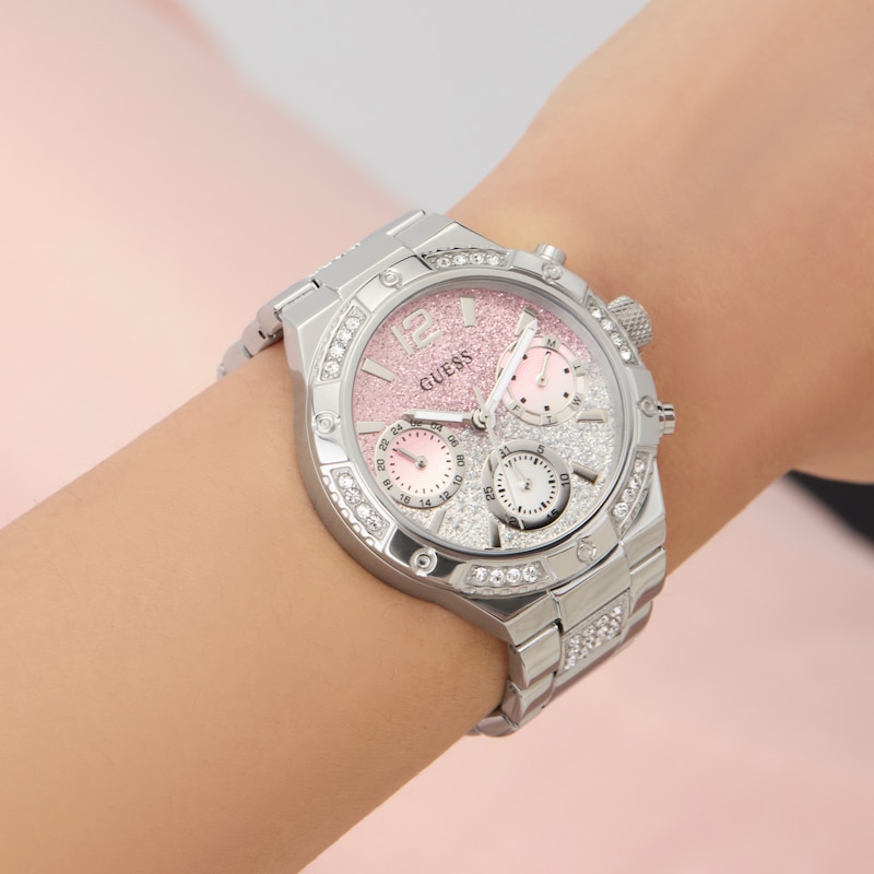 Main Image 3 of Guess Women's Crystal Pink Ombre Glitz Dial Silver Tone Bracelet Watch