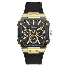 Guess Men's Black Dial Gold Tone Tonneau Case Black Silicone Strap Watch