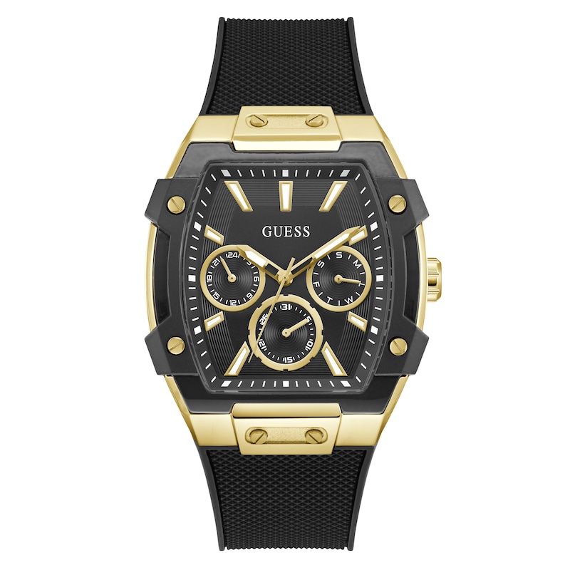 Main Image 1 of Guess Men's Black Dial Gold Tone Tonneau Case Black Silicone Strap Watch