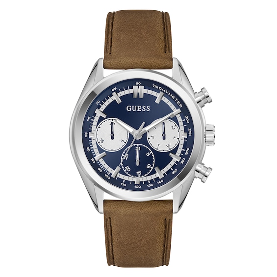 Guess Men's Midnight Blue Multifunction Dial Brown Leather Strap Watch