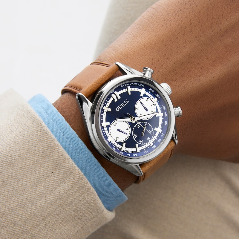 Main Image 3 of Guess Men's Midnight Blue Multifunction Dial Brown Leather Strap Watch