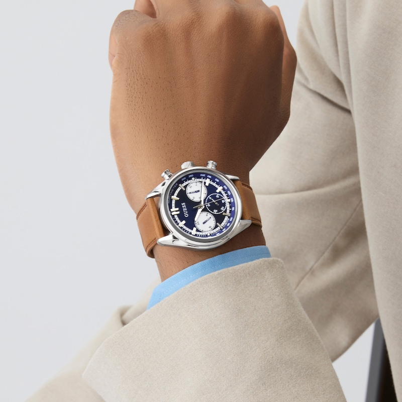 Main Image 4 of Guess Men's Midnight Blue Multifunction Dial Brown Leather Strap Watch