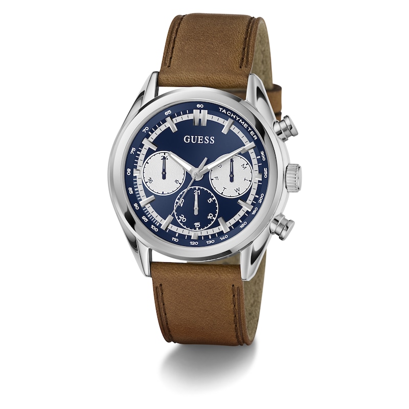 Main Image 8 of Guess Men's Midnight Blue Multifunction Dial Brown Leather Strap Watch