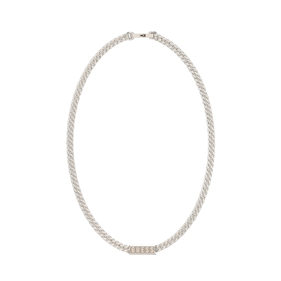 GUESS Lion King Mens Silver Tone Logo Tag 21 Curb Chain Neck