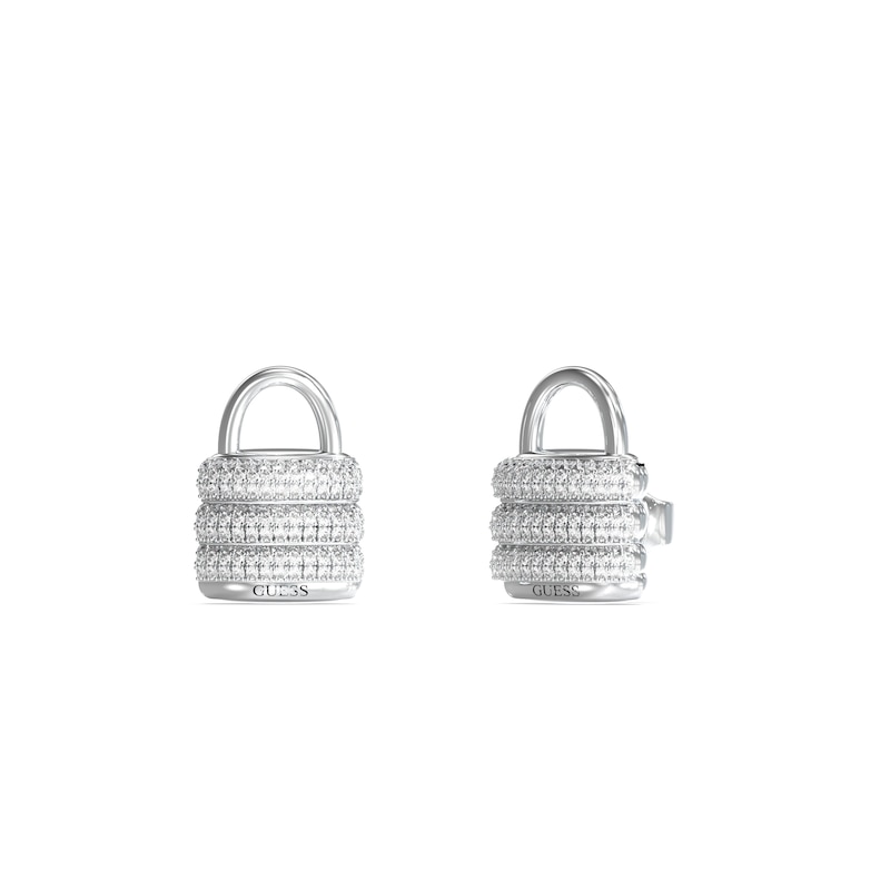 Main Image 1 of GUESS My Secret Women's Silver Tone Crystal Padlock Stud Earrings