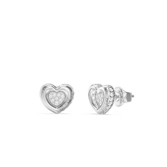 GUESS L.O.V.E. Womens Silver Tone Crystal Heart Stud Earrings