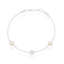 Sterling Silver Cultured Freshwater Pearl & Princess Cut Cubic Zirconia Bracelet
