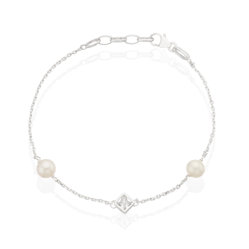 Main Image 1 of Sterling Silver Cultured Freshwater Pearl & Princess Cut Cubic Zirconia Bracelet