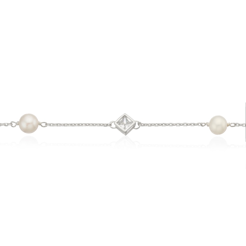 Main Image 2 of Sterling Silver Cultured Freshwater Pearl & Princess Cut Cubic Zirconia Bracelet