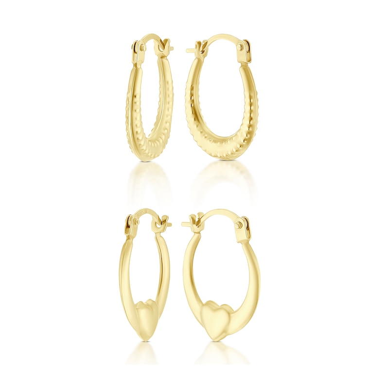 Main Image 1 of 9ct Yellow Gold Patterned & Heart Hoop Earrings Set Bauble