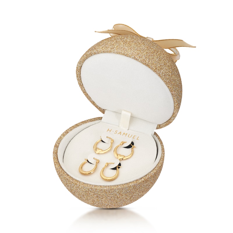 Main Image 2 of 9ct Yellow Gold Patterned & Heart Hoop Earrings Set Bauble