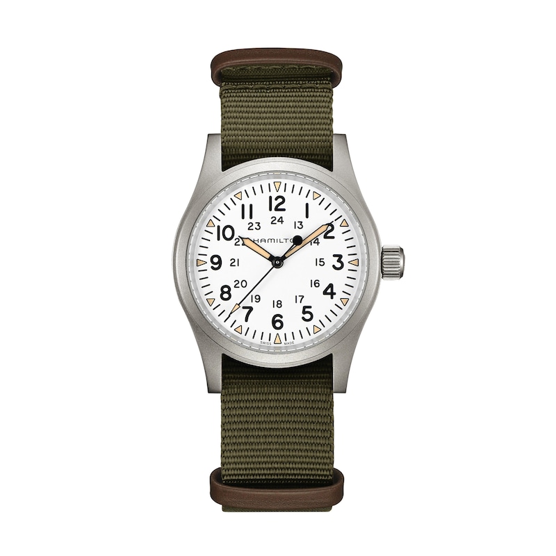 Hamilton Khaki Field Mechanical White Dial Green Fabric Strap Watch