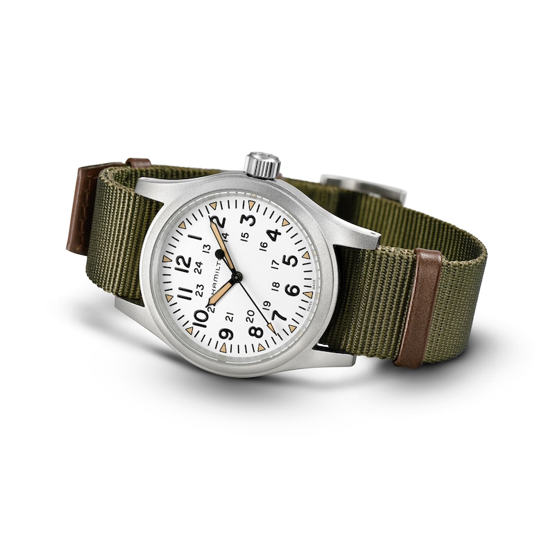 Hamilton Khaki Field Mechanical White Dial Green Fabric Strap Watch