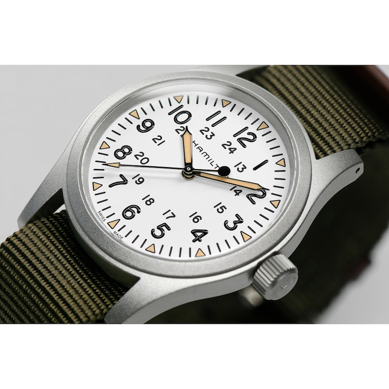 Hamilton Khaki Field Mechanical White Dial Green Fabric Strap Watch