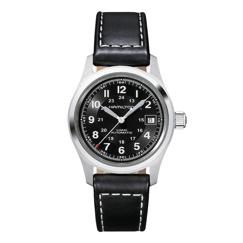 Hamilton Khaki Field Automatic Black Leather Strap Watch