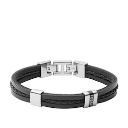 Fossil Essentials Men's Black Leather Multi-Strand Bracelet