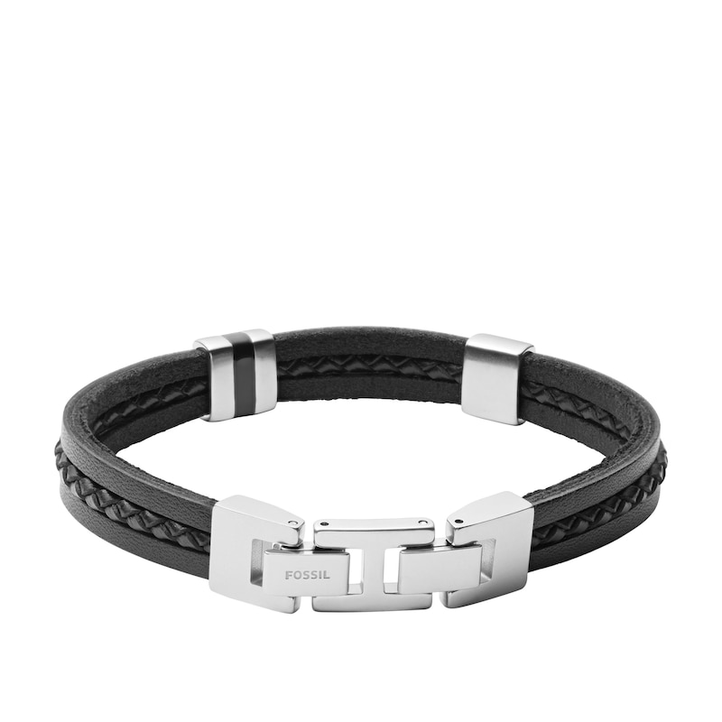 Fossil Essentials Men's Black Leather Multi-Strand Bracelet | H.Samuel