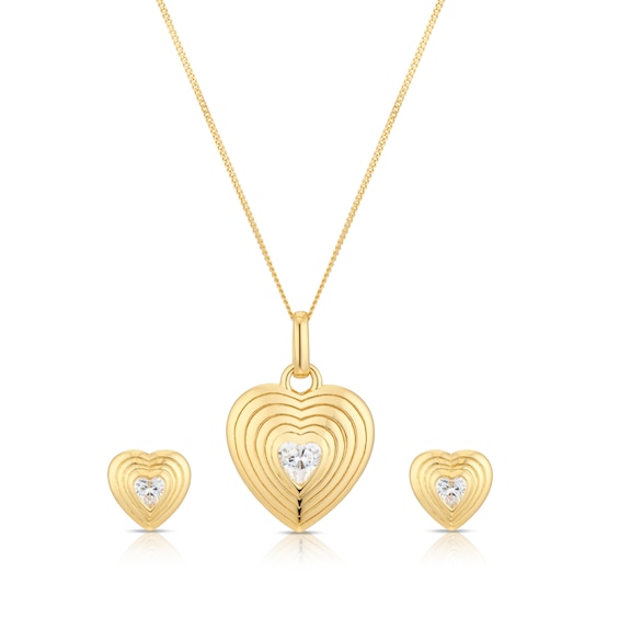 Sterling Silver Yellow Gold Plated Heart Cubic Zirconia Pendant & Earrings Set