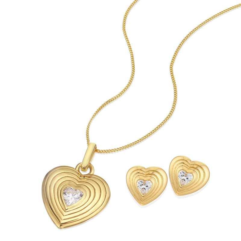 Main Image 2 of Sterling Silver Yellow Gold Plated Heart Cubic Zirconia Pendant & Earrings Set