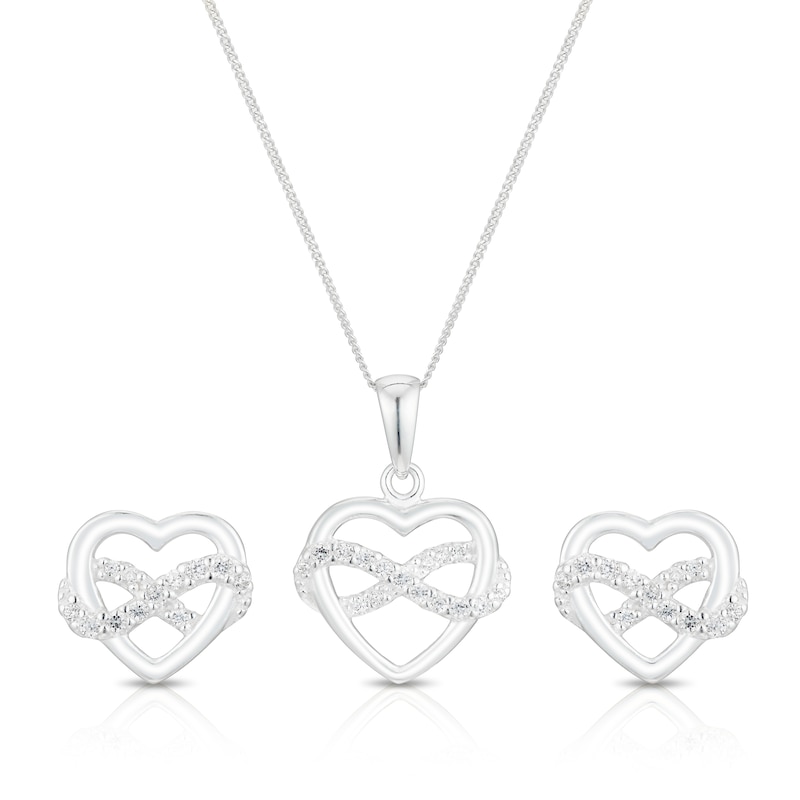 Main Image 1 of Sterling Silver Heart Cubic Zirconia Infinity Pendant & Earrings Set