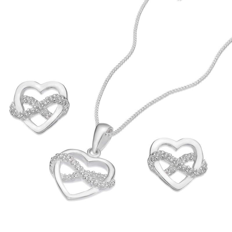 Main Image 2 of Sterling Silver Heart Cubic Zirconia Infinity Pendant & Earrings Set