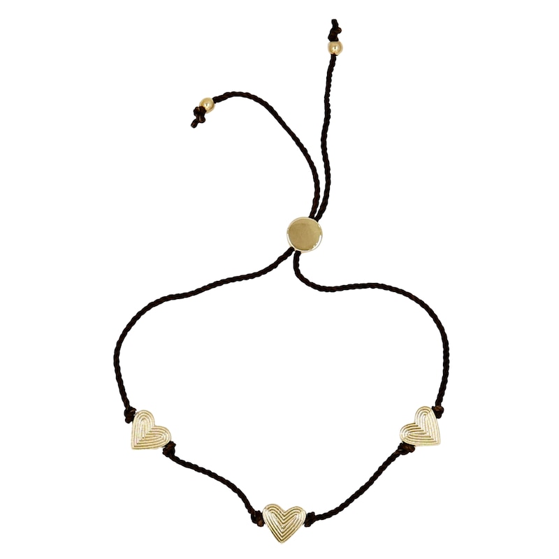 Main Image 1 of HS Edit HEARTS 18ct Yellow Gold Plated Sterling Silver Triple Heart Station Brown Cord Friendship Bracelet