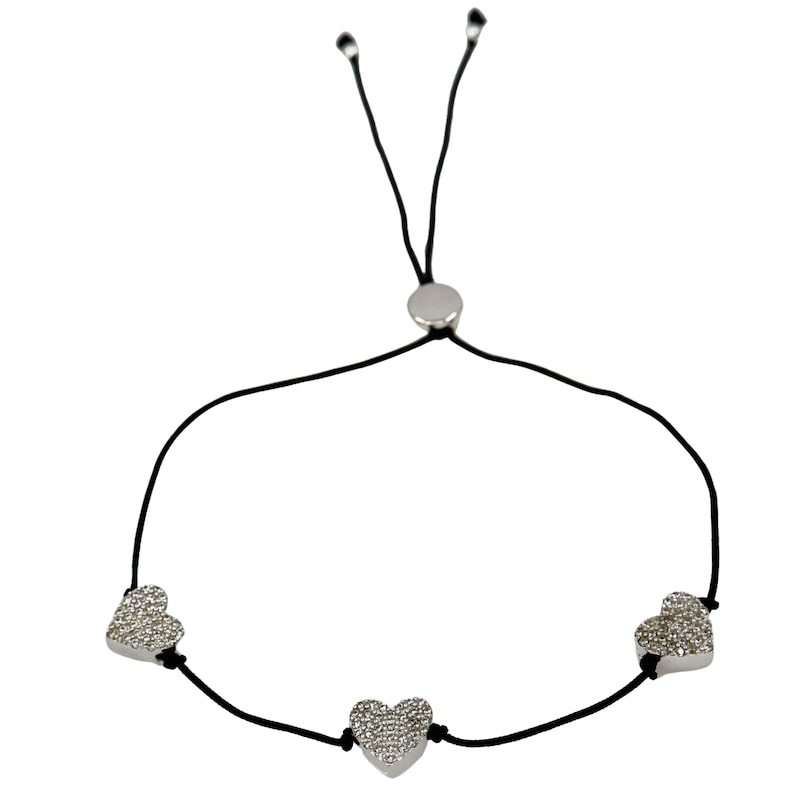 Main Image 1 of HS Edit HEARTS Sterling Silver Triple Cubic Zirconia Heart Station Black Cord Friendship Bracelet