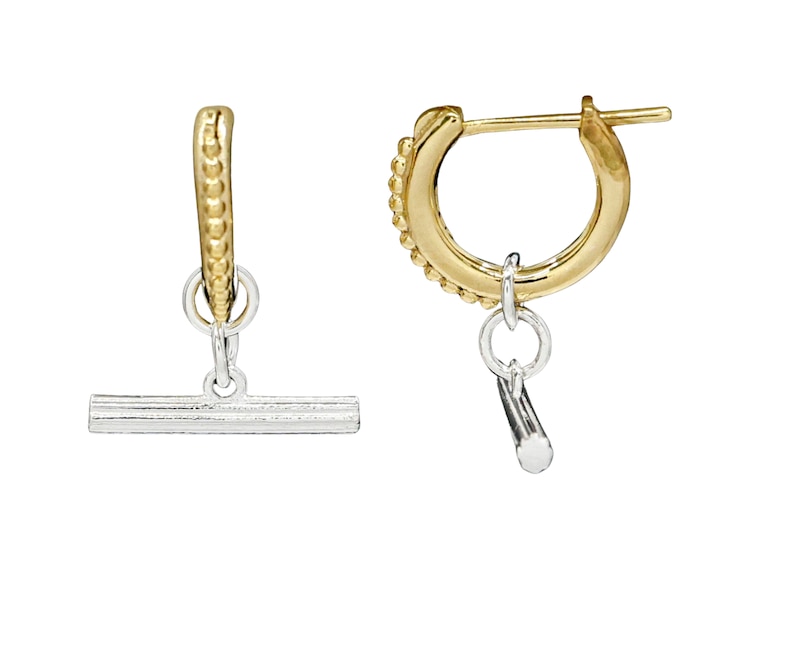 Main Image 1 of HS Edit T-BAR 18ct Yellow Gold Plate & Sterling Silver Textured T-Bar Drop Hoop Earrings
