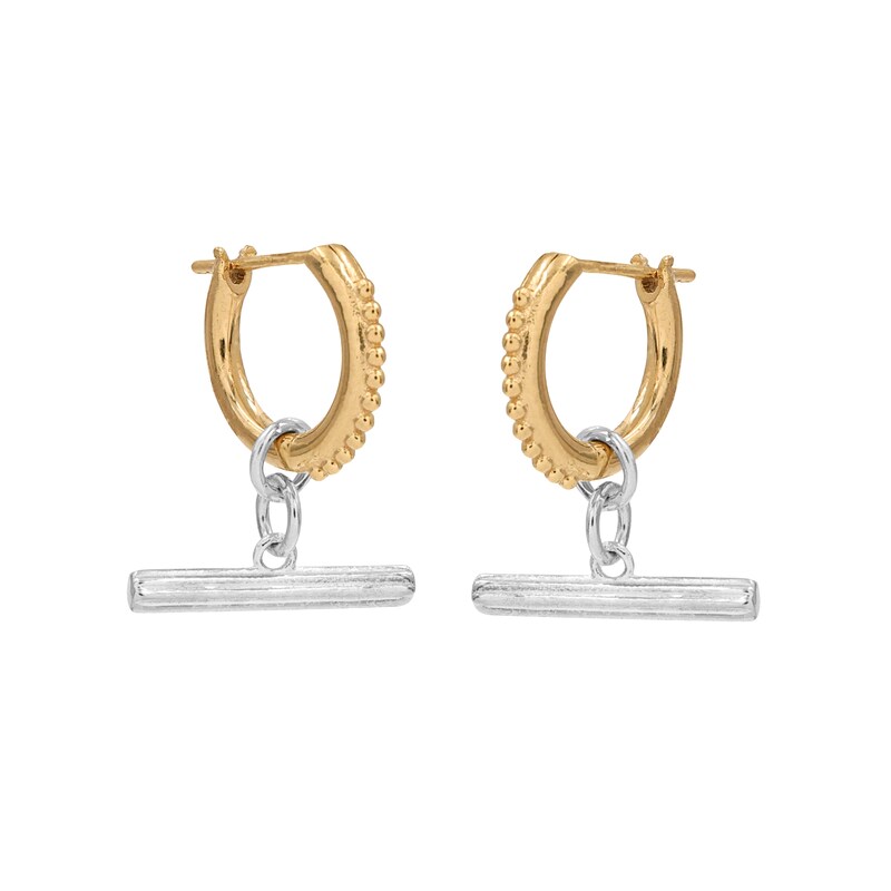 Main Image 2 of HS Edit T-BAR 18ct Yellow Gold Plate & Sterling Silver Textured T-Bar Drop Hoop Earrings