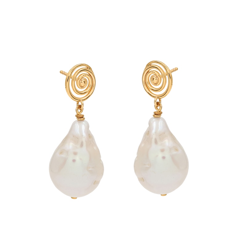 Main Image 2 of HS Edit MOLTEN 18ct Yellow Gold Plated Sterling Silver Moulded Swirl Baroque Pearl Drop Earrings