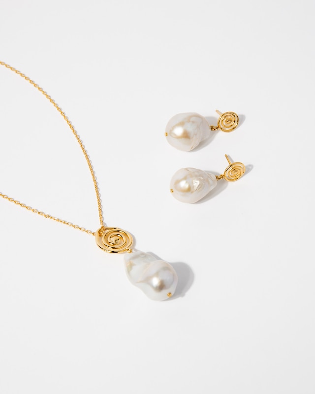 Main Image 4 of HS Edit MOLTEN 18ct Yellow Gold Plated Sterling Silver Moulded Swirl Baroque Pearl Drop Earrings