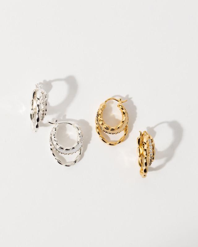 Main Image 4 of HS Edit CHAINS Sterling Silver & Cubic Zirconia Triple Hoop Earrings