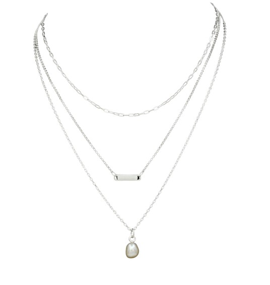 HS Edit T-BAR Sterling Silver Three Layer Cultured Freshwater Pearl Bar Necklace