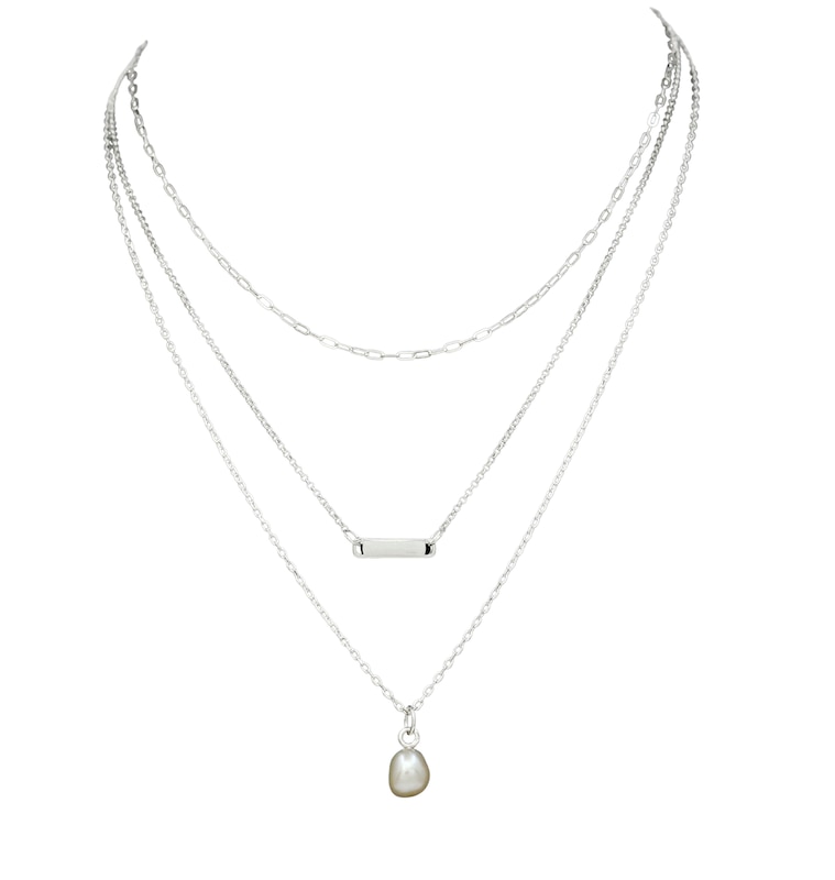 Main Image 1 of HS Edit T-BAR Sterling Silver Three Layer Cultured Freshwater Pearl Bar Necklace