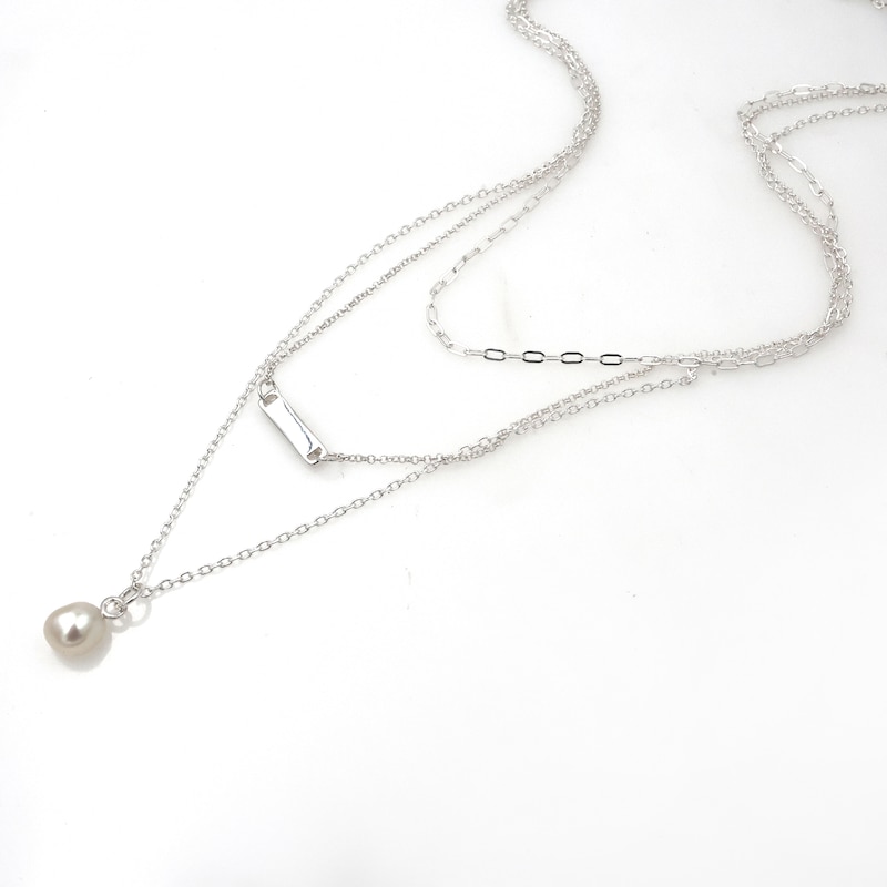Main Image 2 of HS Edit T-BAR Sterling Silver Three Layer Cultured Freshwater Pearl Bar Necklace