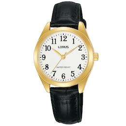 Lorus Dress Ladies' Gold Tone Case Black Leather Strap Watch
