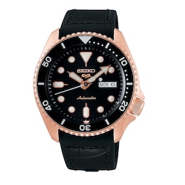 Seiko 5 Sports Men's Black Dial Leather & Silicone Strap Watch