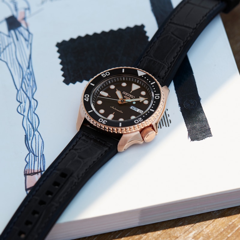 Main Image 4 of Seiko 5 Sports Men's Black Dial Leather & Silicone Strap Watch