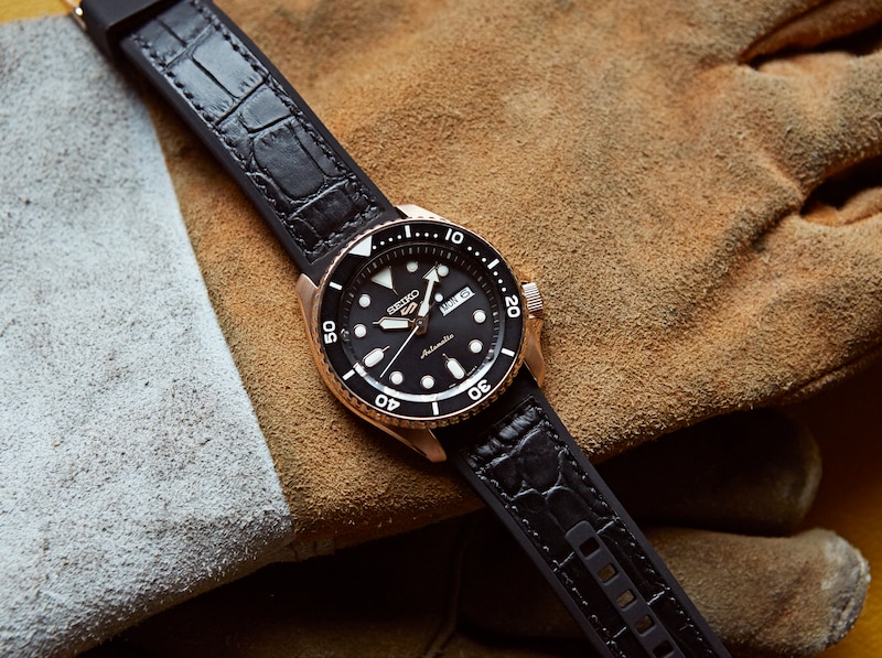 Main Image 5 of Seiko 5 Sports Men's Black Dial Leather & Silicone Strap Watch