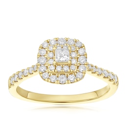 Engagement Ring 9ct Yellow Gold Cushion Double Halo 0.50ct Diamond Ring