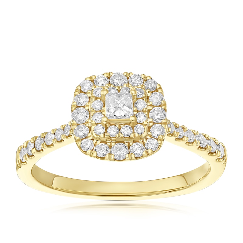 Main Image 1 of Engagement Ring 9ct Yellow Gold Cushion Double Halo 0.50ct Diamond Ring